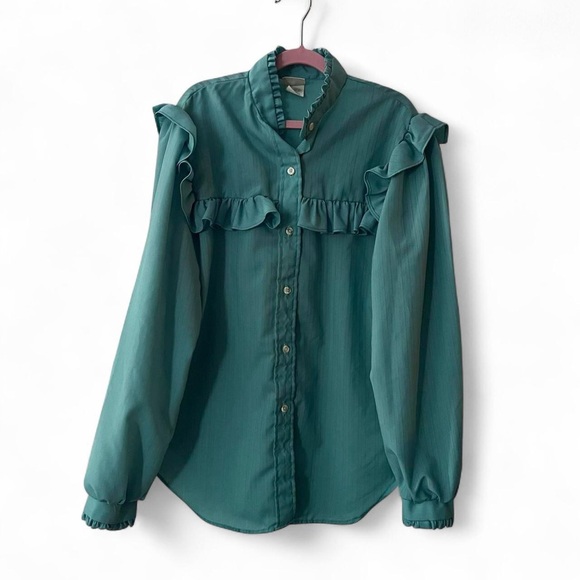 Mandy Tops - Turquoise Ruffled Long Sleeve Blouse